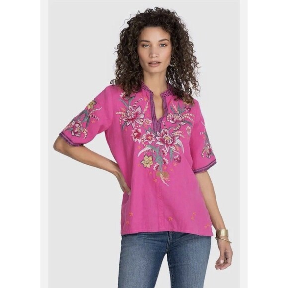 JOHNNY WAS Jessica Easy V Neck Top Pink Embroidered Size XL Short Sleeve Linen - Picture 1 of 12